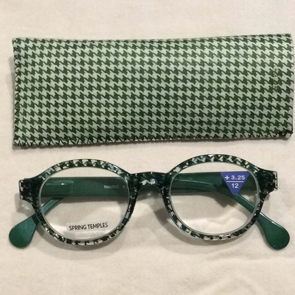 Accessories - Green Houndstooth Print Reading Glasses & Case